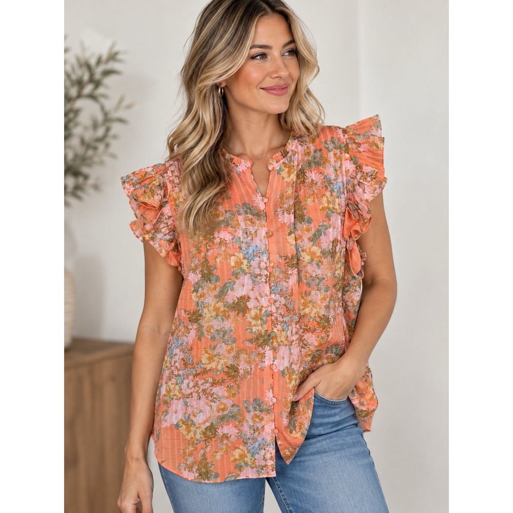 Rose + Olive Women's Peach Orange Floral Top Short Sleeve Size Medium New NWT